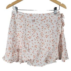 Forever‎ 21 Floral Wrap Mini Skirt Ruffle Tie Waist White Peach Size S
